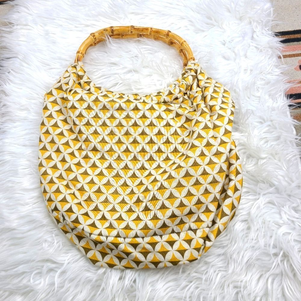 Vintage Yellow & White Geometric Bamboo-Handle Tote